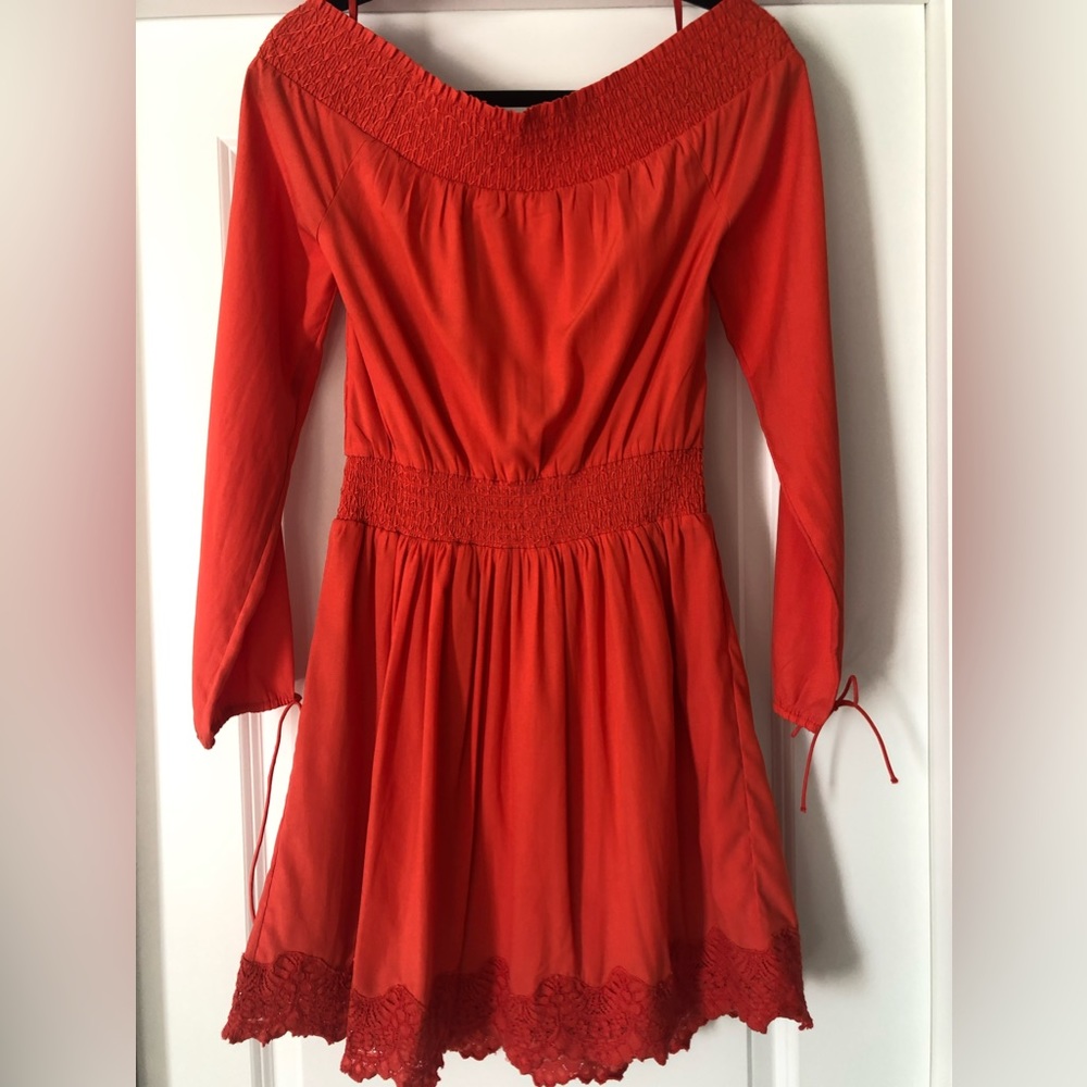 A & F  Bright Orange Off The Shoulder Smocked Dress with lace detail size S